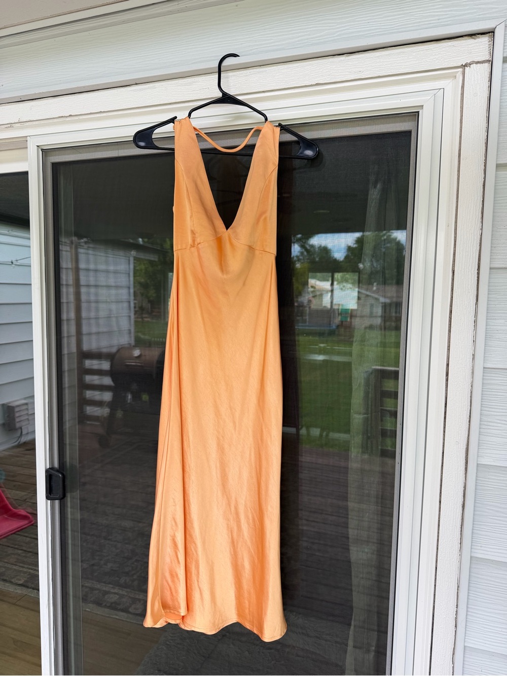 Lulus Satin Midi Slip Dress in Peach Gold
